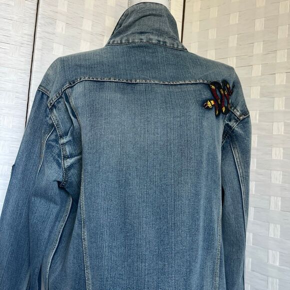 MENS RING OF FIRE PATCHED DISTRESSED DENIM JEAN JACKET SIZE L - Picture 4 of 12